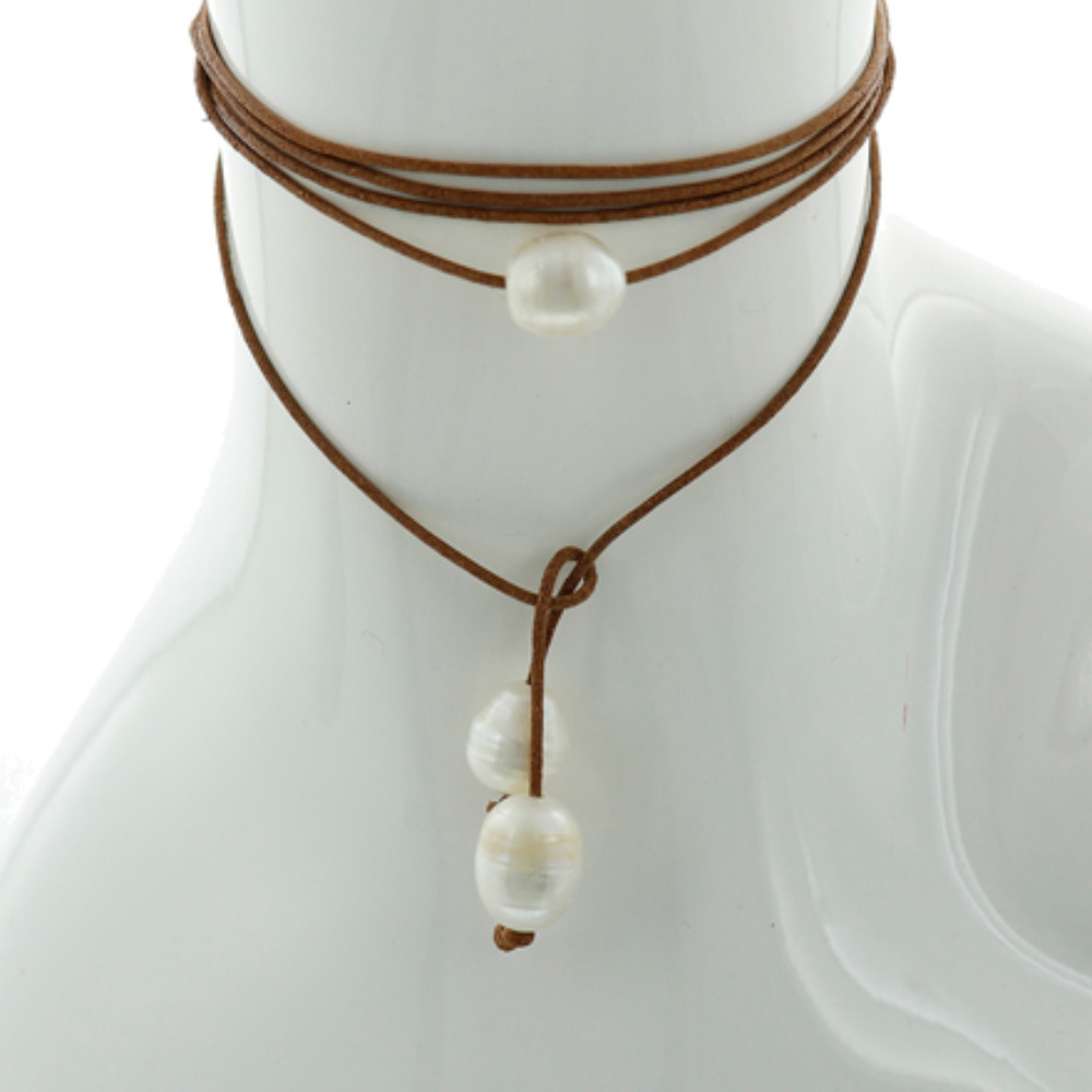 Lt.brown Leather & White Fresh Water Pearl / Lead